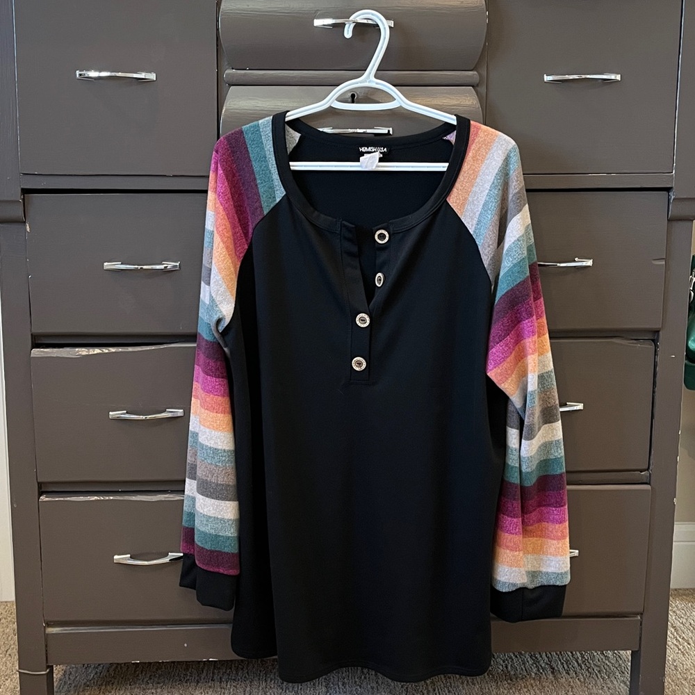 HEIMISH USA Black Button Down with Colorful Striped Sleeves
